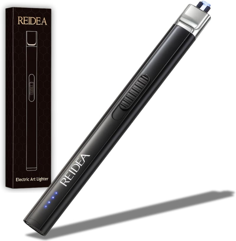 REIDEA ولاعة كهربائية هدية لعشاق الشموع، مقاومة للرياح، بدون لهب، قابلة لإعادة الشحن عبر USB، ولاعة قابلة للسحب مع زر أمان ومؤشر طاقة للشموع والشواء والألعاب النارية، R1 مسطحة، سوداء أوبسيديان - Image 1